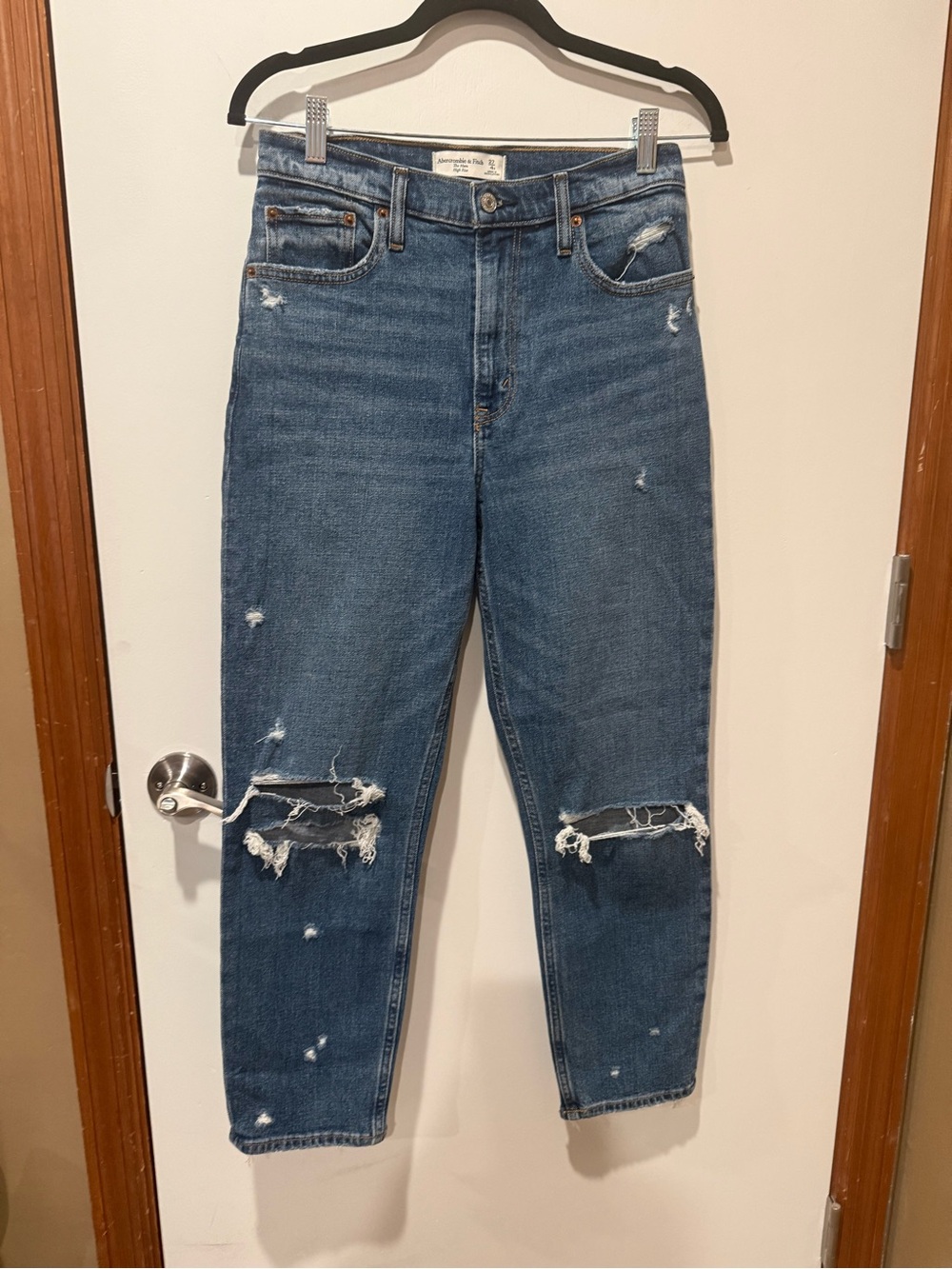 Abercrombie & Fitch Mom Distressed High-Rise Blue Jeans